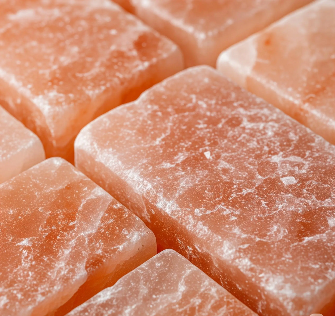 Close-up of pink crystalline salt bricks