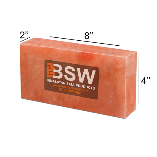 Himalayan pink salt brick with 8-inch length, 4-inch height and 2-inch depth labels
