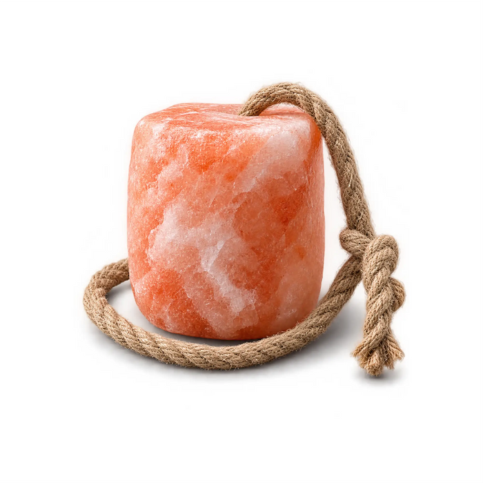 Pink salt lick block with a hanging rope