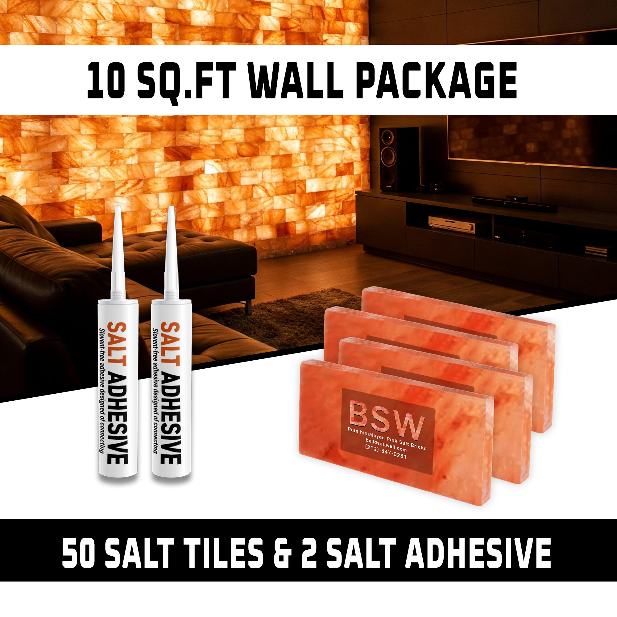 Build 10 sq. ft. Salt Wall With (50 Himalayan Salt Tiles and 2 Salt Adhesive)