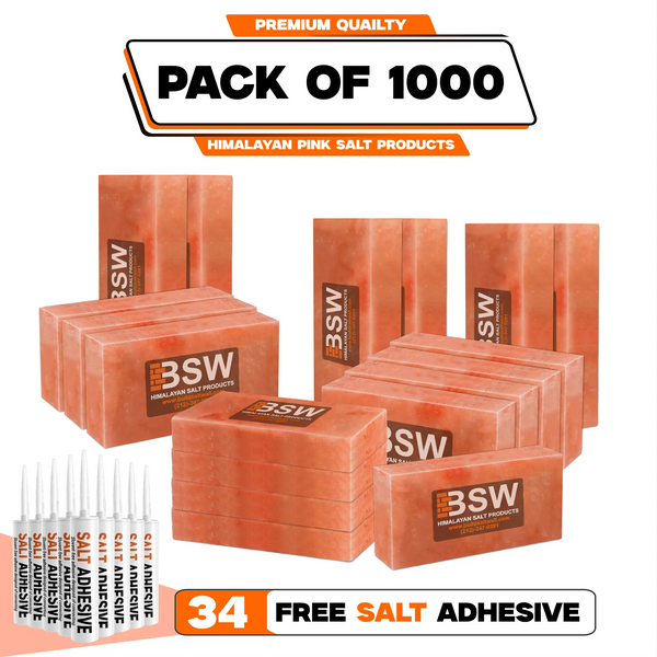 Himalayan Pink Salt Bricks 8 × 4 × 2 in — Pack of 1,000 + 34 Adhesive Tubes