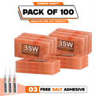 Pack illustration labeled 100 Himalayan pink salt tiles with 3 salt adhesive tubes