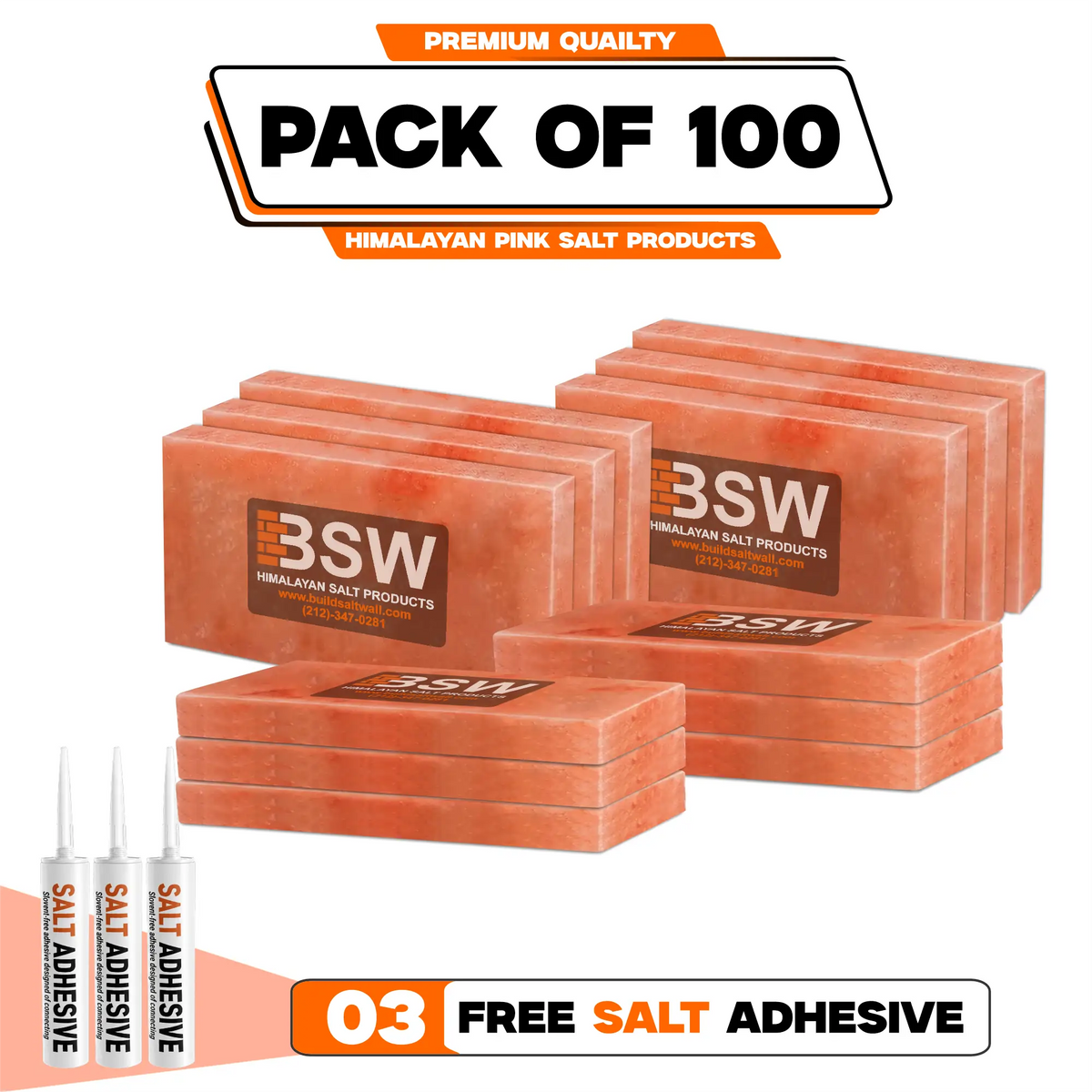 Pack illustration labeled 100 Himalayan pink salt tiles with 3 salt adhesive tubes