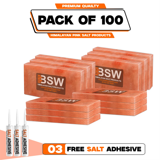 Pack illustration labeled 100 Himalayan pink salt tiles with 3 salt adhesive tubes