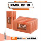Pack illustration labeled 10 Himalayan pink salt tiles with 1 salt adhesive tube