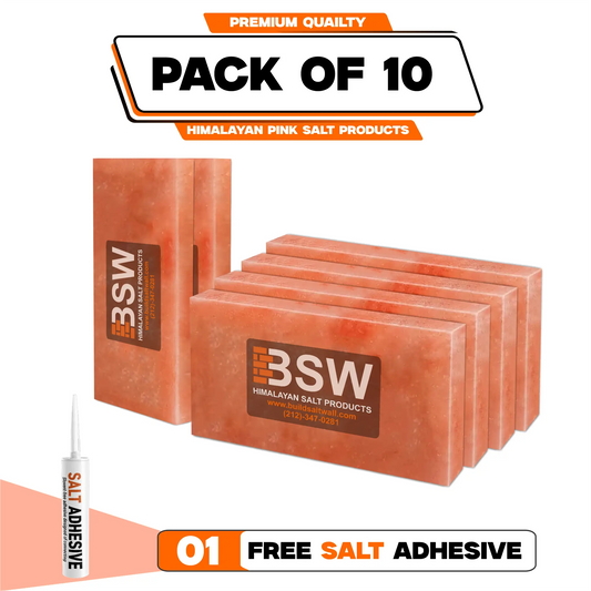 Pack illustration labeled 10 Himalayan pink salt tiles with 1 salt adhesive tube