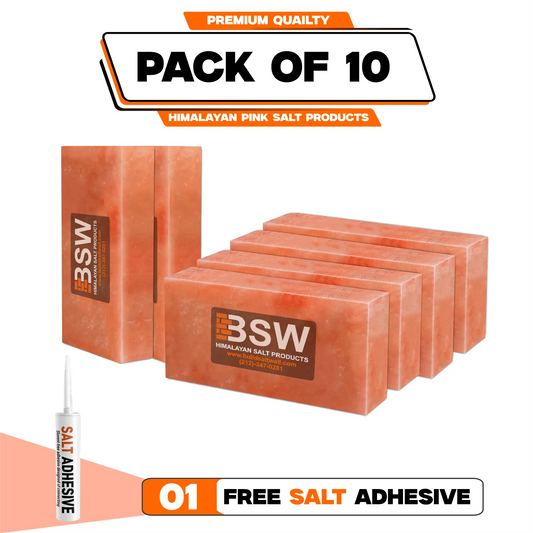 Pack illustration labeled 10 Himalayan salt bricks with 1 salt adhesive tubes