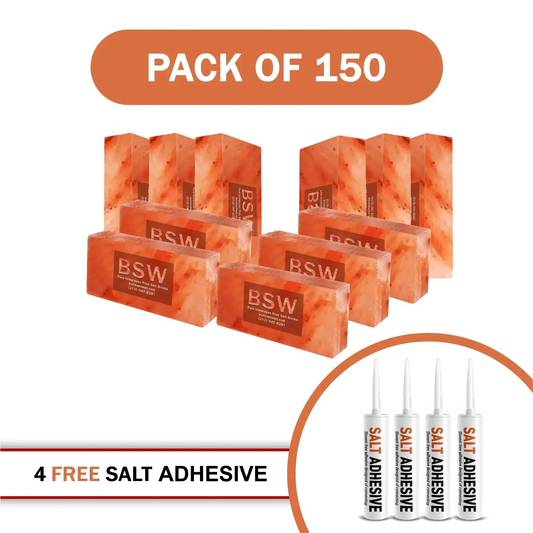Product graphic for a 150-piece Himalayan pink salt tile pack with salt adhesive.