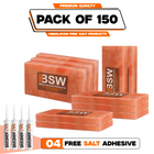 Pack illustration labeled 150 salt tiles and 4 salt adhesive tubes