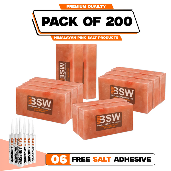 Himalayan Pink Salt Bricks 8 × 4 × 2 in — Pack of 200 + 6 Adhesive Tubes