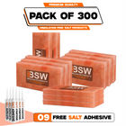 Product graphic for a 300-piece Himalayan pink salt tile pack with 9 salt adhesive tubes.