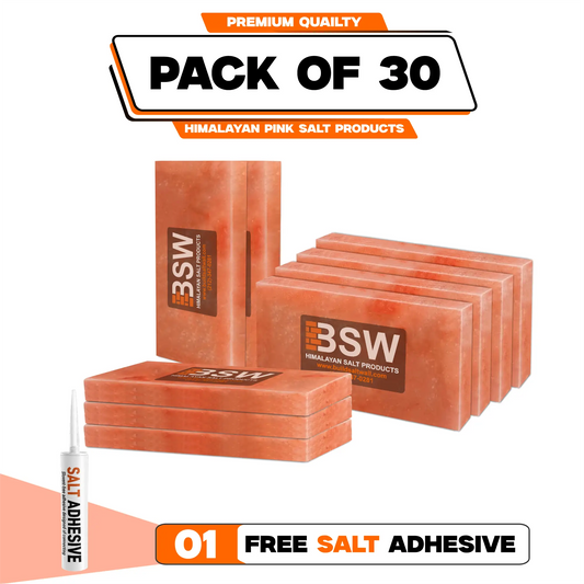 Pack illustration labeled 30 Himalayan pink salt tiles with 1 salt adhesive tube