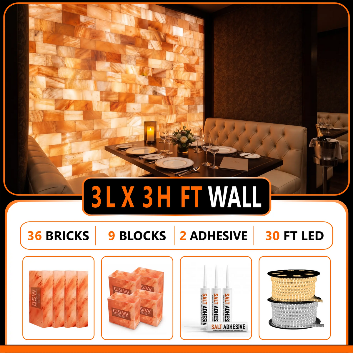 3 × 3 ft salt wall kit illustration with listed components