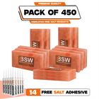 Pack illustration labeled 450 Himalayan pink salt tiles with 14 salt adhesive tubes