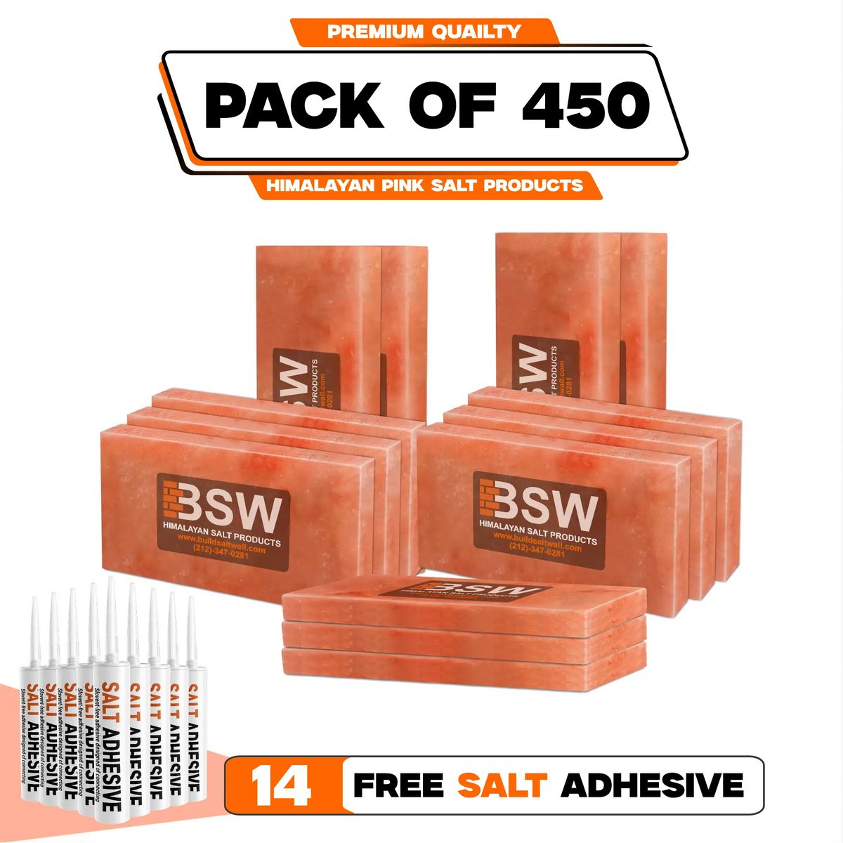 Pack illustration labeled 450 Himalayan pink salt tiles with 14 salt adhesive tubes