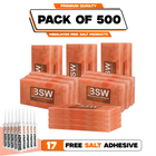 Pack illustration labeled 500 Himalayan pink salt tiles with 17 salt adhesive tubes