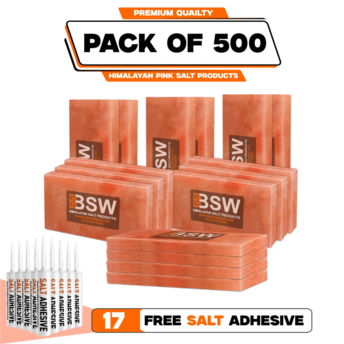Pack illustration labeled 500 Himalayan pink salt tiles with 17 salt adhesive tubes