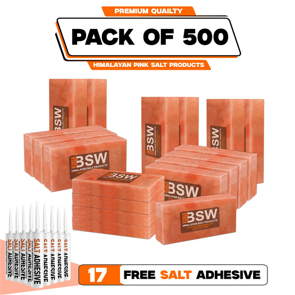 Himalayan Pink Salt Bricks 8 × 4 × 2 in — Pack of 500 + 17 Adhesive Tubes