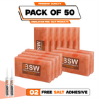 Pack illustration labeled 50 Himalayan pink salt tiles with 2 salt adhesive tubes