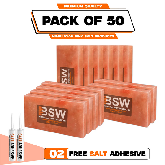 Pack illustration labeled 50 Himalayan pink salt tiles with 2 salt adhesive tubes