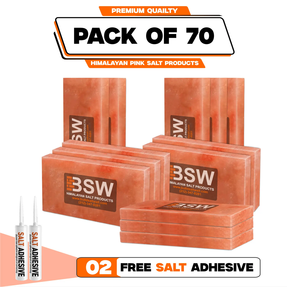 Pack illustration labeled 70 Himalayan pink salt tiles with 2 salt adhesive tubes