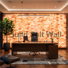Backlit Himalayan Pink Salt Brick Feature Wall in Contemporary Home Office with Wooden Executive Desk