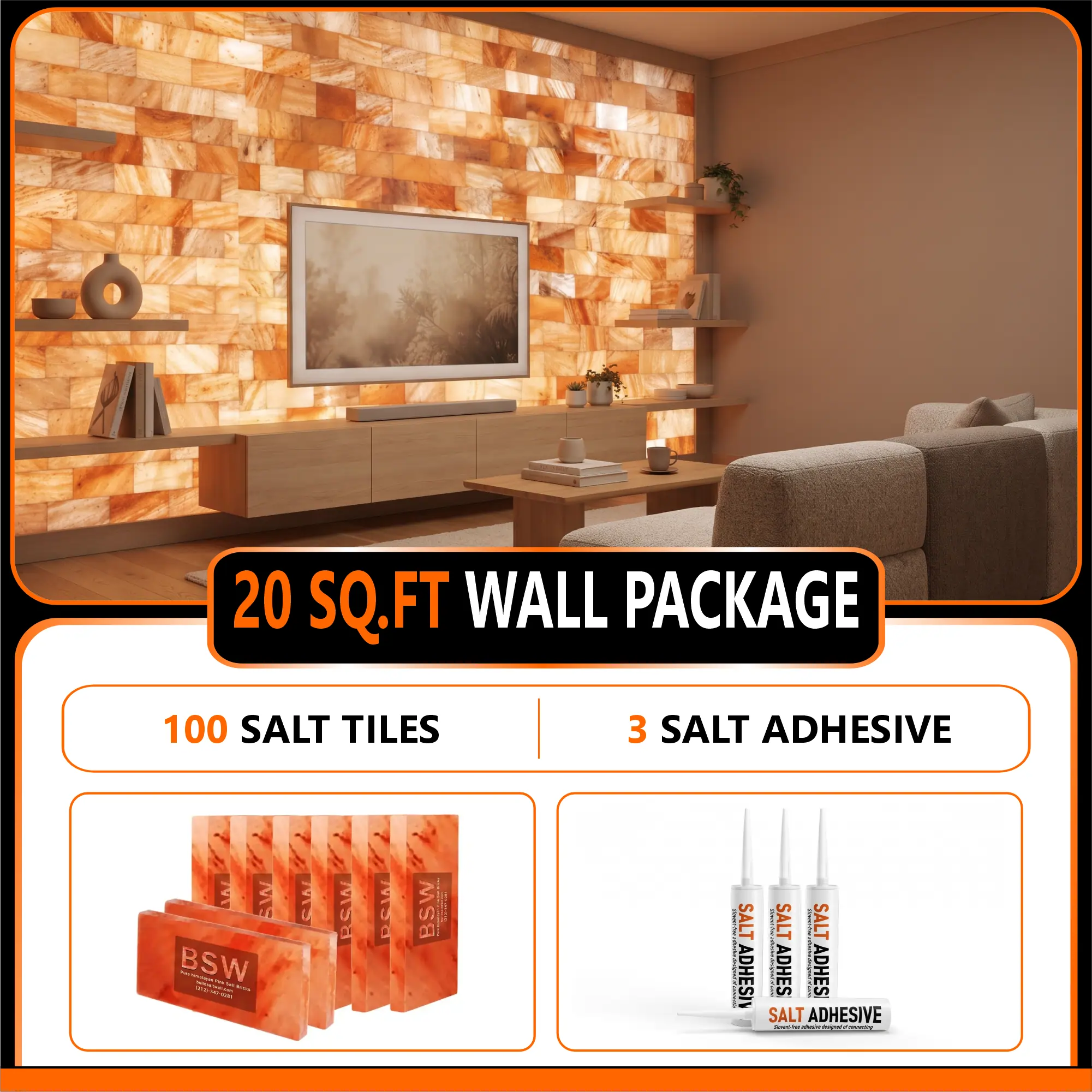 Build 20 Square Feet Salt Wall (100 Himalayan Pink Salt Tiles 8" x 4" x 1" With 3 Salt Adhesives) Build Salt Wall