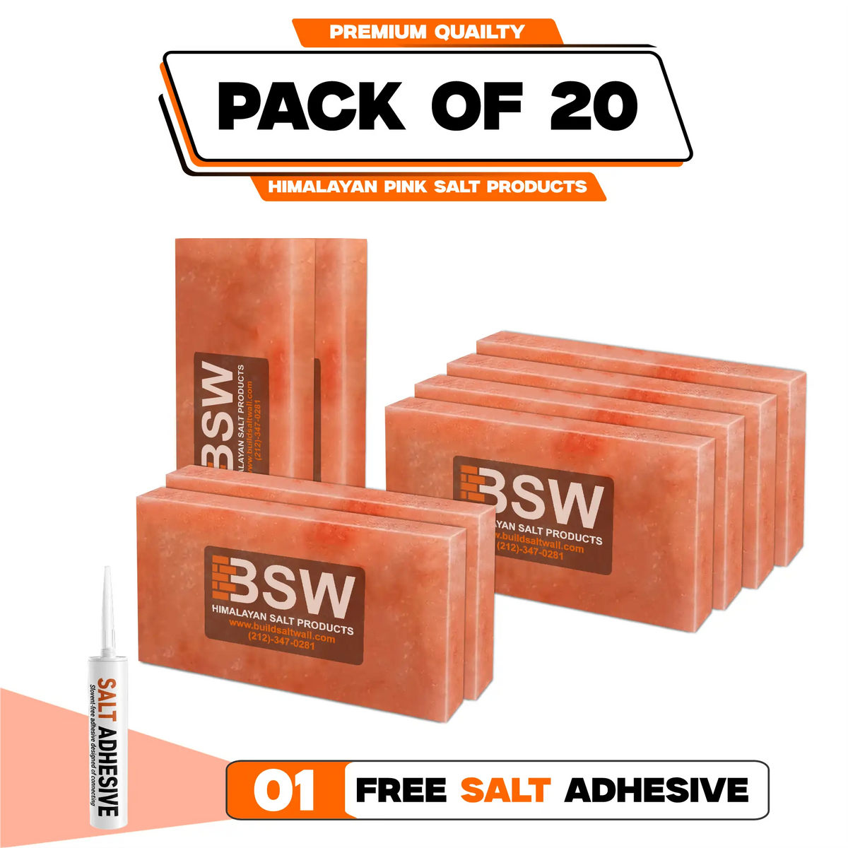 Pack illustration labeled 20 Himalayan pink salt tiles with 1 salt adhesive tube