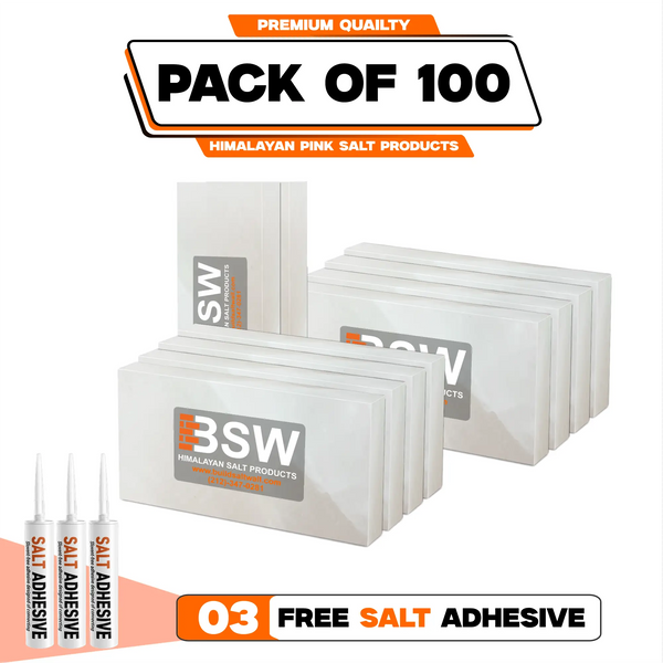 White Himalayan Salt Tiles 8x4x1 in – 100 Pack + 3 Adhesive Tubes
