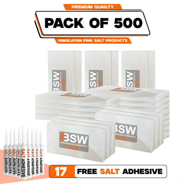 White Himalayan Salt Tiles 8x4x1 in – 500 Pack + 17 Adhesive Tubes