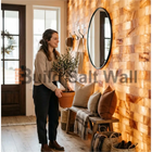 Woman Holding Potted Plant in Home Entryway with Backlit Himalayan Pink Salt Brick Accent Wall